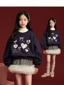 Handmade Embroidered Fleece-lined Sweatshirt Childrens New Years Clothing Cotton Polyester Blend Warm Casual Style for Girls