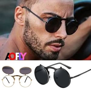 AOFLY Kacamata Hitam Round Vintage Steampunk Sunglasses - Black/Black