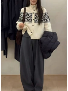 YUEZHONGWEI | Retro Nordic Style Fair Isle High Neck Knit Cardigan