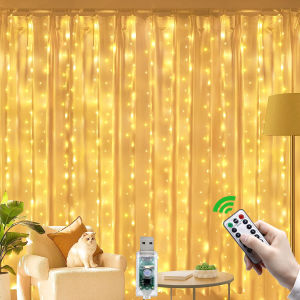 Fairy Curtain Lights 300 LED Copper Wire Lamp USB Plug in 8 Modes Christmas Fairy String Hanging Lights with Remote Controller for Bedroom Indoor Outdoor Weddings Party Decorations