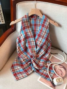 Áo Vest Cổ Treo Kẻ Caro Đỏ Mỹ Dành Cho Nữ Mùa Hè Ngoài Trời Ngắn Không Tay Thiết Kế Dây Đeo Eo Thắt Lưng Áo Vest