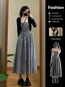 PEIZIXUAN | French Style Black Check Strapless Dress