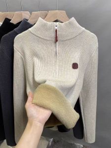Korean Style Fleece Lined Thickened Autumn Winter Zipper Sweater Womens Knitted Shirt Half High Collar Warm Casual Top