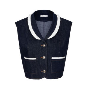 Loose Jeans Vest Kroche Girl Intellectual Earlet Lace Design Cotton Polyester Blend Short Style Single Button Closure Pure Color