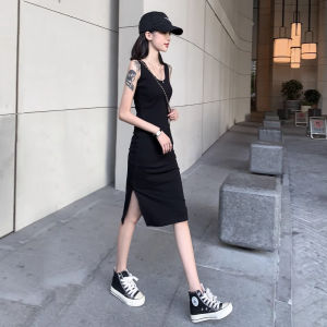 สไตล์เกาหลี คอกลม สีดำ แยก แขนกุด เดรส ผู้หญิง ฤดูร้อน ฐาน เสื้อกล้าม เดรส สวมใส่ด้านใน Little สีดำ เดรส ลำลอง แม็กซี่เดรส