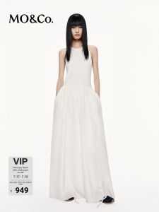 MO&Co. | Off-Shoulder Low Waist Glossy Spliced Long Dress