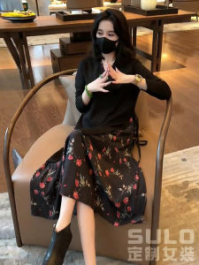 Elegant Silk Chiffon Dress Womens Korean Style Loose Long Printed Slimming Dress Autumn New Arrival A-Line Midi Dress