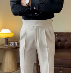 High Waist Italian Neapolitan Mens Casual Business Straight Leg Pants No Ironing Required Spring Fashion Polyester Fiber
