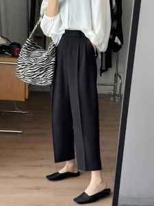 Black High Waist Wide Leg Suit Pants Womens Summer Thin Straight Cut Casual Versatile Nine-Tenths Length Polyester Blend