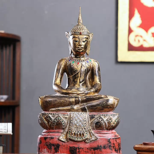 สไตล์เอเชียตะวันออกเฉียงใต้แกะสลักไม้เนื้อแข็งทำเก่านั่งพระพุทธรูปลูกตุ้มห้องนั่งเล่นคลับเฮ้าส์พระพุทธรูปประติมากรรมบูชาบ้านตกแต่ง