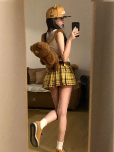 Váy Ngắn Kẻ Caro Màu Vàng Cạp Cao Cho Nữ Mùa Thu Cỡ Lớn Váy Chữ a Ôm Sát Chân Váy Xếp Ly