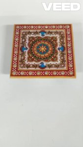 Marble Pooja Chowki 4x4 Inch | Printed Manai with Wooden Legs for Diya Idols & Decor – 1 Pc