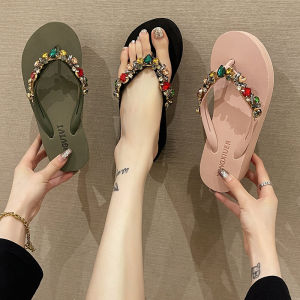 Dép Đế Dày Thời Trang Mùa Hè 2024 Cho Nữ Dép Đế Xuồng Đi Biển Đính Đá Cao Gót Chống Trượt Dép Đế Xuồng Thường Ngày