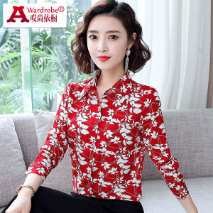 เสื้อเชิ้ตผ้าชีฟองพิมพ์ลายดอกไม้แขนยาวสำหรับผู้หญิง ฤดูใบไม้ผลิและฤดูใบไม้ร่วง เสื้อเชิ้ตผู้หญิงวัยกลางคนสไตล์เกาหลี แฟชั่น