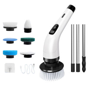 【HPS】 Cordless Cleaning Brush 7 Replaceable Brush Heads Rotary Floor Brushes with Extendable Handle Shower Scrubber for Bathroom Kitchen Floor Grout Tile