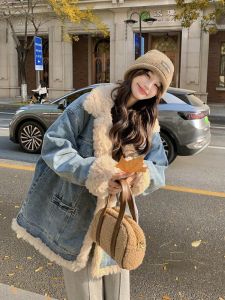 Retro Japanese Style Lamb Fur Lined Denim Jacket Womens Winter Thickened Loose Cotton Clothes Small Size Thickened Cotton Coat