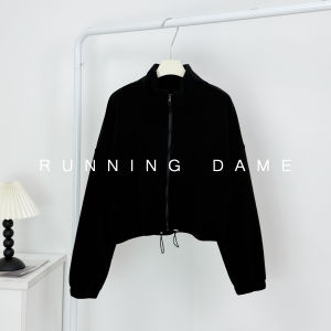 Womens Long Sleeve Fleece Lined Thickened Windproof Yoga Running Jacket Fitness Sweatshirt Casual Style Short Length Polyester