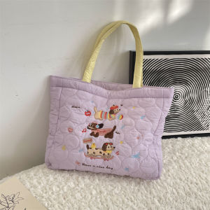 Embroidered Cotton Tote Bag Autumn Winter Handbag Shopping Bag Lunch Bag Womens Cute Little Dog Stitching Handheld Bag