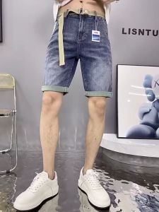 Mens Denim Shorts Trend New Five-minute Pants Elastic Chinese Pants Casual Shorts Youth 5 Points Blue Diagonal Pockets Pants Mens