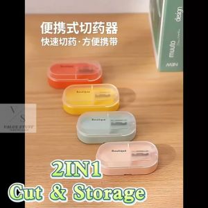 2IN1 Quickly Cutting Large Capacity Safety Use Therapeutic Tablet Pill Splitter Divider Tools Cutter Easy Operate Separate Sealed Storage Box Home Travel Use Macaron Color Portable Easy Bring Alat Pemotong Kotak Letak Ubat Pil 二合一密封保存快速切割药片器安全便携可洗