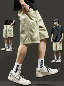 SZON | Summer Loose Crinkled Cotton Straight-fit American Retro Solid Color Shorts