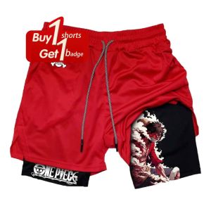 Mens Shorts One Piece Anime Print Double-layer 2-1 Compression Pants with Pocket Summer Gym Clothes Quick Dry Beach Pants Y2k