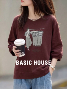 Basic House | Red Cotton Round-Neck Printed Three-Quarter Sleeve Youthful Womens Top