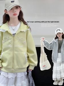 MPW | Girls Spring Autumn Lace Hooded Cardigan Jacket Sweet Stylish Childrens Outerwear Knitted With Pearl Embroidery Zipper Closure