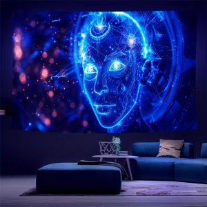 VIKAMA Neon Cyber AI Face Tapestry Nghệ Thuật Công Nghệ Phát Quang Cho Phòng Trò Chơi Trang Trí Tường Phòng Ngủ Hình Chữ Nhật Bằng Vải Polyester Không Dệt