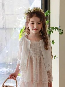 Ultra-Thin Summer Sun Protection Coat for Girls Mid-Toddler to Teenage White Air Conditioning Lace Trim Seven-Quarter Sleeve