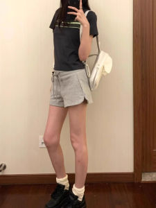 Quần Short Ống Rộng Cạp Thấp Màu Xám Mùa Hè Cho Nữ Quần Dài Đến Giữa Bắp Chân Phong Cách Mỹ Thường Ngày Quần Bó Chữ a Cạp Cao