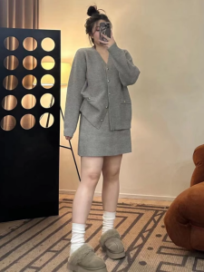 plus Size Knitted Sweater And Mini Skirt Set Casual Slimming Fashion Womens Clothing Warmth Autumn Spring plus Size Hide Flaws
