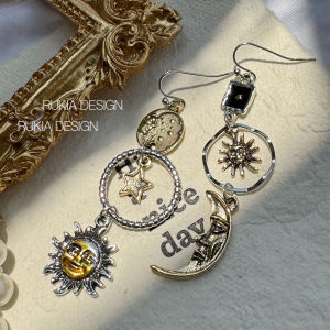 Bohemian Sun Yellow Gold Asymmetric Artistic Earrings Punk Style Mixed Material Couple Suitable Fashion Jewelry Ear Cuffs