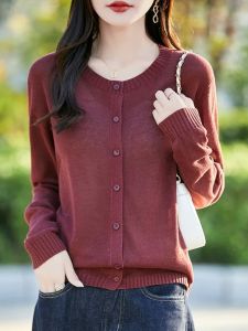 เสื้อคาร์ดิแกนถักคอตตอนบางฤดูร้อน แขนยาว ทรงหลวม ลำลอง สีพื้น เสื้อผ้าทำงานสำหรับผู้หญิง