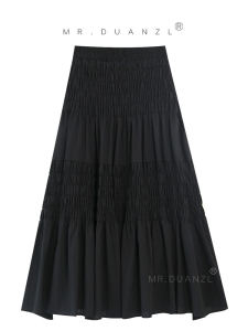 กระโปรงทรงเอเอวสูงสีดำขาว กระโปรงยาวคลุมเข่าสไตล์เกาหลีสำหรับผู้หญิง ฤดูใบไม้ร่วง 2025 กระโปรงทรงเอทรงเอใหม่