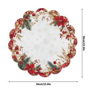 VIKAMA Ornate Scroll Poinsettia Pine Placemat White Background Wavy Edge Red Flower Golden Holly Berries Christmas Table Mat