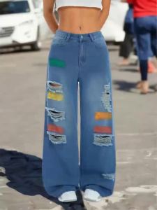 Womens High-Waisted Straight-Leg Jeans Loose Wide-Leg Retro Casual Style with Holes And Graffiti Patterns