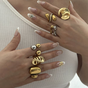 Stainless Steel Irregular Wave Metal Texture Rings For Women Men Gold Color Zircon Waterdrop Glossy Finger Ring Party Jewelry