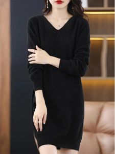 plus Size Womens V-Neck Knitted Dress Loose Fitting Bodycon Midi Dress Korean Style Straight Cut Long Sleeve Autumn Winter Dress