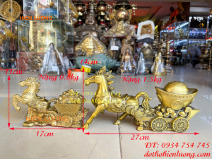 Tượng ngựa kéo xe tiền bằng đồng phong thủy 2 cỡ bé dài 17cm cao 11cm nặng 0.8kg to dài 27cm cao 14cm nặng 1.5kg