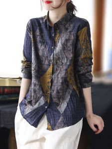 Spring Cotton Linen Shirt Womens Slim Fit Vintage Print Turn-down Collar Long Sleeve Casual Style Regular Size for plus Size