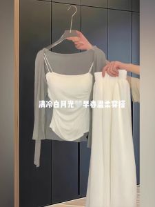 Sweet Spicy Short Sleeveless Knitted Cardigan Womens Summer Lazy Style Grey round Neck Long Sleeve Top Slim Fit Korean Version