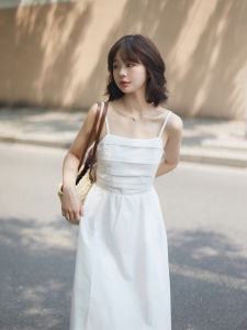 French Romantic White Midi Dress Women Summer Design Sensation Small over Knee Waist Cinch First Love Strapless Midi Skirt