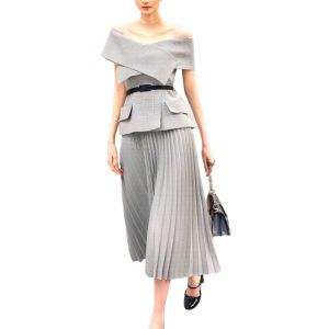 P018-045 PIMNADACLOSET - OFF Shoulder Sleeveless HoundStooth Top And High Waist ฺBelted Pleated Long Skirt Set