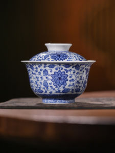 JINGDEZHEN | Bộ Trà Đơn Bát Trà Cao Cấp Jingdezhen Sứ Xanh Trắng Hoa Sen Đồ Cổ Tô Vẽ Tay Hộp Quà Sang Trọng