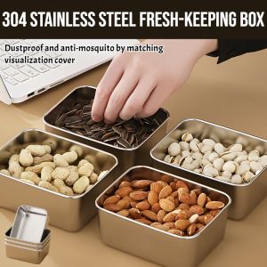 304 Stainless Steel Fresh-Keeping Box Sealed And Fresh-Keeping Microwave Heatable Fridge Sealed Storage Box Kitchen Organizer Camping Picnic