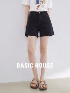 Basic House | Black Cotton High Waist Straight Jean Shorts