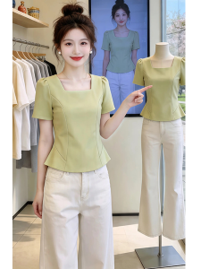 Shalldoer | Design Square Neck Short Sleeve Shirts Fashionable Slim Fit Top