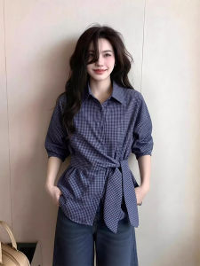 ZHILU | Plaid Belted Collared Waist-cinching Versatile Shirt