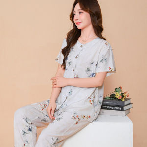 DTHN | Breathable Cotton Silk Sleepwear Set with Short Sleeve and Capri Pants for Elderly